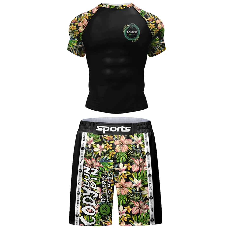 Men  Full Printing Boxing T Shirt+Shorts